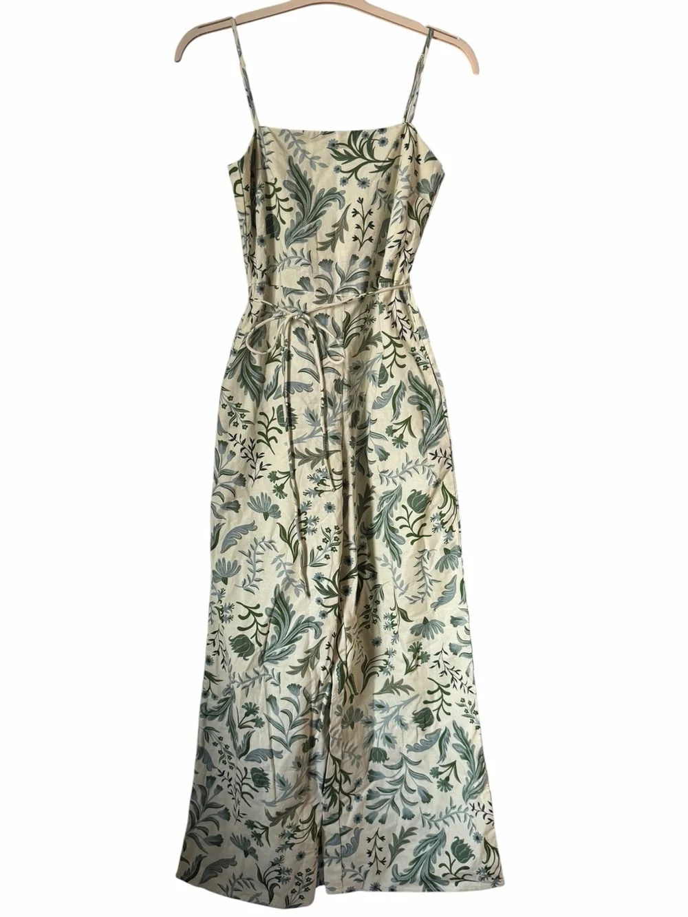 Mango Spaghetti Strap Jumpsuit Green Blue Botanical Print Tie Waist Cotton Linen